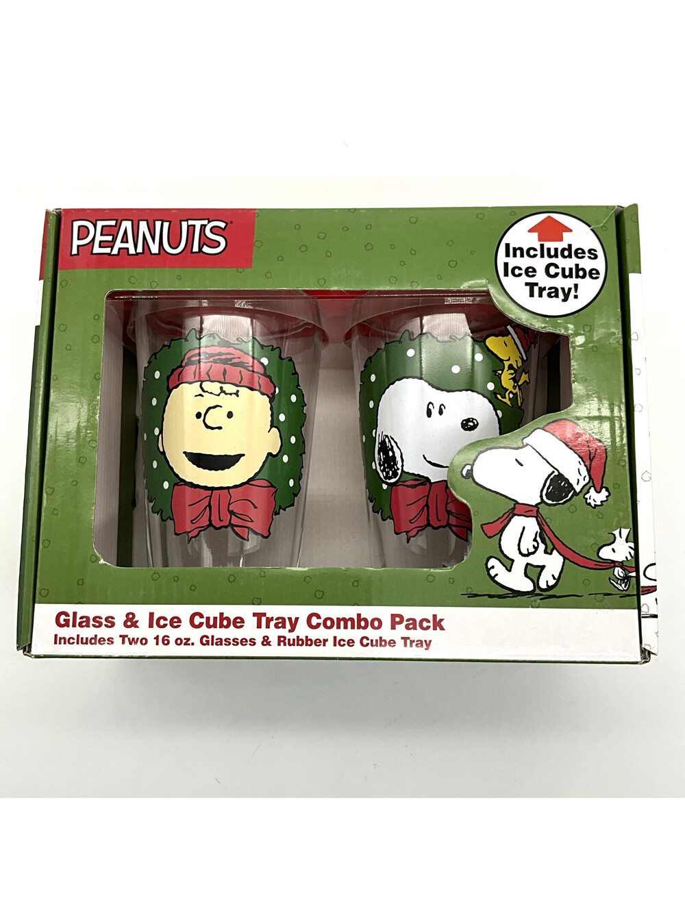Peanuts Christmas Glass & Ice Cube Tray Combo Pack Snoopy Charlie Brown 16 oz